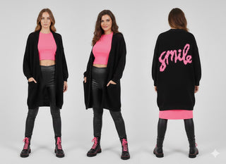 😊 LONG-CARDIGAN SCHWARZ – NEONPINK SMILE