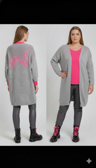 😊 LONG-CARDIGAN HELLGRAU – NEONPINK SMILE