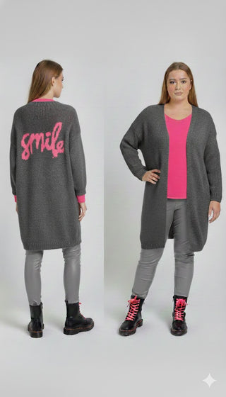 😊 LONG-CARDIGAN DUNKELGRAU – NEONPINK SMILE