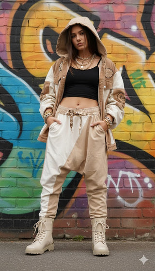 🍦 BAGGY HOSE BEIGE-WEISS SWEAT-DESIGN