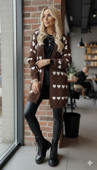 🤎 LONG CARDIGAN HERZCHENMUSTER SCHOKOBRAUN