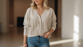 🧶 CARDIGAN IN BEIGE MIT FRANSENBÄNDERN UND STRICKKNÖPFEN