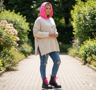 🧥 OVERSIZE HOODIE BEIGE MIT KONTRASTNÄHTEN