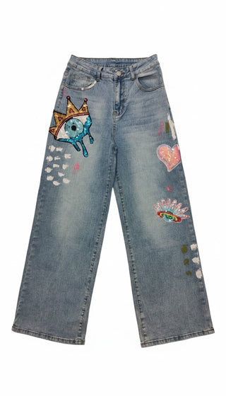 👖 HELLE JEANS MIT PINSELSTRICHEN & PAILETTEN-APPLIKATIONEN