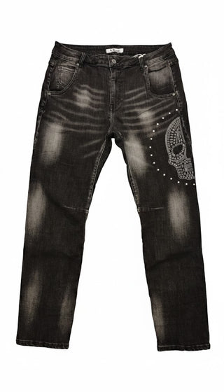 👖 S. WOMAN JEANS UNISEX SCHWARZ MIT SKULL-DETAILS & AUSWASCHUNGEN