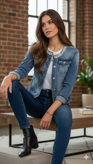 🦪 JEANSJACKE MIT PERLENBESATZ UND LEDERKORDEL-DETAILS