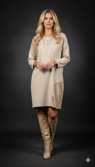 👗 FESTLICHES BUTTERSTOFF-KLEID IN BEIGE MIT PAILLETTEN