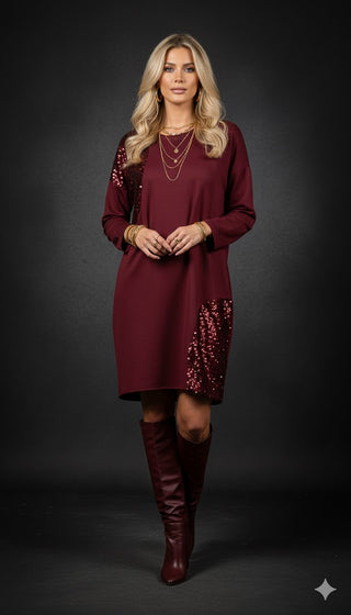 👗 FESTLICHES BUTTERSTOFF-KLEID IN BORDEAUX MIT PAILLETTEN