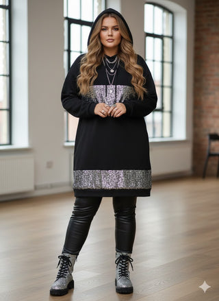 🌟 PAILETTEN-HOODIEKLEID "CURVY STYLE" (SCHWARZ)