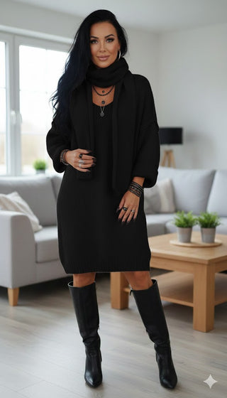 🖤 STRICKKLEID IN SCHWARZ MIT V-AUSSCHNITT UND PASSENDEM SCHAL