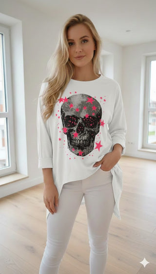 🌟 SWEATSHIRT VOKUHILA WEISS MIT NEON PINKEN STERNEN
