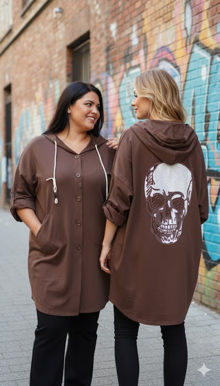 🍫 SWEATJACKE HOODIE SCHOKOBRAUN RÜCKENPRINT SKULL