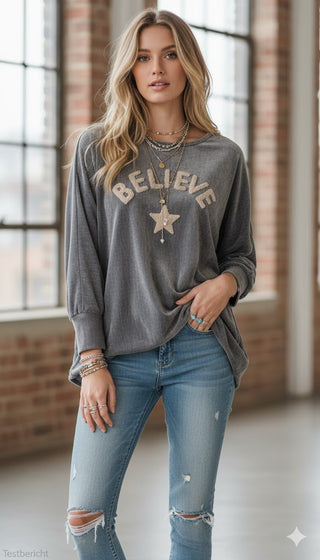 🌪️ SWEATSHIRT NICKI-OPTIK BELIEVE STERN 3D-PRINT GRAU