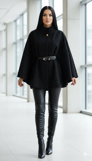 ✨ ELEGANTER PONCHO-MANTEL IN SCHWARZ MIT STRASSBESATZ UND GÜRTEL