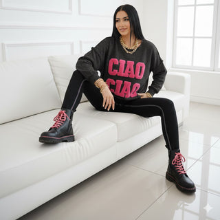 🎀 OVERSIZE SWEATSHIRT „CIAO CIAO“ IN DUNKELGRAU MIT PINKEM FELL