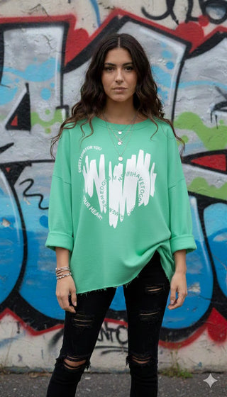 💚 SWEATSHIRT MINTGRÜN MIT HERZ & SCHRIFT