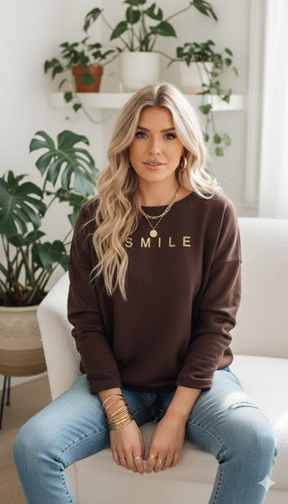 🙂 BUTTERSTOFF-PULLI IN SCHOKOBRAUN MIT GOLDENEM SMILE-SCHRIFTZUG