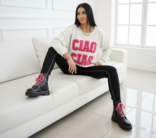 🎀 OVERSIZE SWEATSHIRT „CIAO CIAO“ IN WEIẞ MIT PINKEM FELL