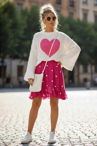 💖 STUFIGER DOPPELLAGIGER ROCK IN FUCHSIA MIT WEISSEN HERZCHEN