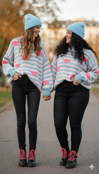 🧶 KUSCHEL-STRICKPULLOVER – HELLBLAU GESTREIFT &amp; NEON-HERZ