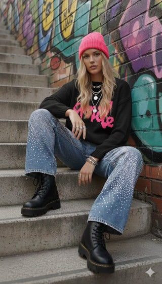 😊 STRICKPULLI SMILE SCHWARZ NEONPINK