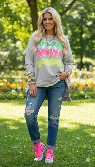 😊 SWEATSHIRT GRAU MIT NEON-PINSELSTRICHEN & SMILEYS