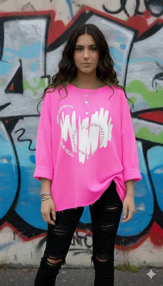 💖 SWEATSHIRT NEONPINK MIT HERZ & SCHRIFT WEISS