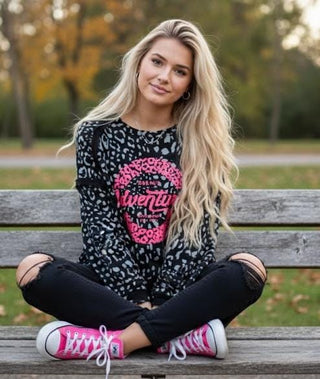🐆 SWEATSHIRT SCHWARZ-GRAU LEO ADVENTURE NEON PINK