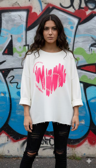🤍 SWEATSHIRT WEISS MIT HERZ & SCHRIFT NEONPINK