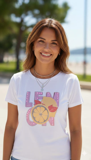 🍋 T-SHIRT ZITRONENPRINT STRASS & PAILLETTEN WEIẞ