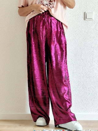 Leichte Satin-Hose in Lila Pink Metallic 40-46