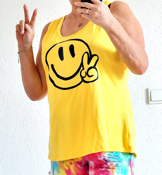 Top mit Smiley und leichtem Muskelrückenausschnitt – Gelb 36-46