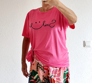 T-Shirt mit Smiley-Print vorne und hinten – Pink – Größe 36-46