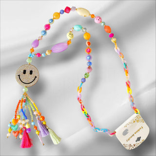 Statementkette mit Smiley und Strasssteinen – bunt mit Quasten