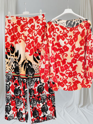 Zweiteiliges Set – Bluse & Hose geblümt in Rot 36-42
