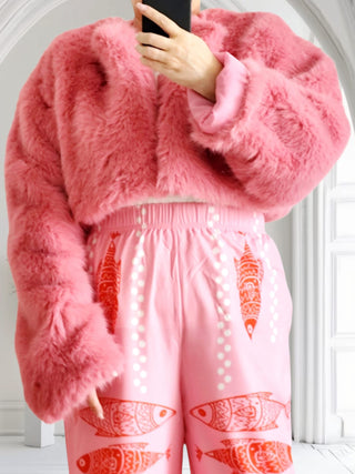 💕 Pinke Kunstpelzjacke mit Innenfutter & Crop-Schnitt – Größe XL (tragbar von 36 Oversize bis 46)