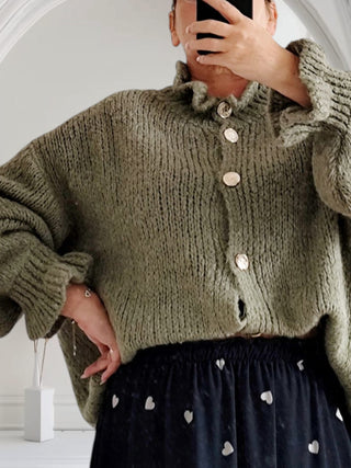 🫒 Oversize-Cardigan in Olivgrün mit Tulpenkragen – tragbar von Größe 36 bis 50 #J381