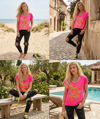 ✌️T-SHIRT PEACE-VIBES NEON-PINK