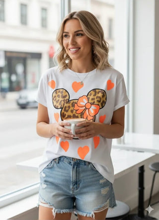 🧡 T-SHIRT MICKEY-PRINT & NEON-ORANGE-GLITZERHERZEN WEIẞ