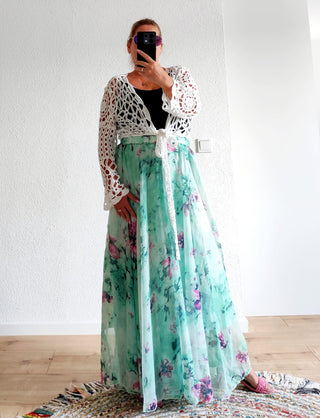 Chiffon Rock, doppellagig mit Innenfutter – Mintgrün mit Blumen 40-48