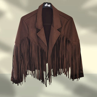 Fransenjacke im Wildleder-Look – Cowboyfranzen braun, Größe XL-36-44