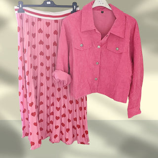 Plisseerock mit Herzchen – Rosa mit Rot,(tragbar von 38/40 bis 46)