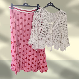 Plisseerock mit Herzchen – Rosa mit Rot,(tragbar von 38/40 bis 46)