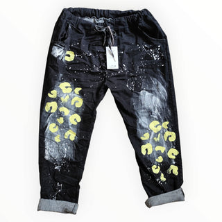 Curvy Jeans – Schwarz mit gelbem Leo-Print – tragbar von Größe 48 bis 54