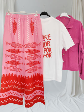 Hose – Rosa-Rot Fischprint & Blümchen, tragbar von Größe 36 bis 42/44 & 42/44 bis 46/48