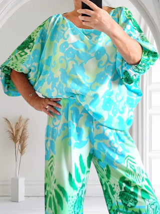 Zweiteiliges Set – Bluse & Hose geblümt Türkis & Grüntönen TU Größe 36 bis 42