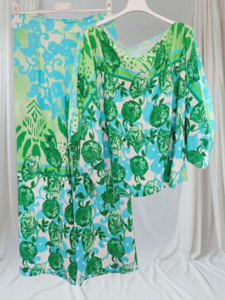 Zweiteiliges Set – Bluse & Hose geblümt Türkis & Grüntönen TU Größe 36 bis 42