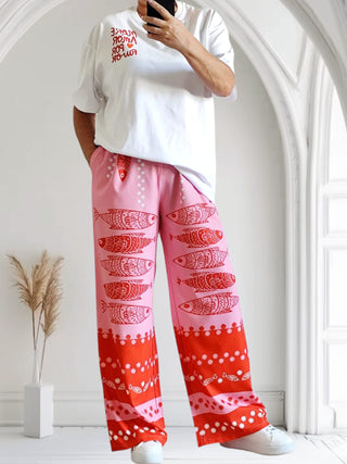 Hose – Rosa-Rot Fischprint & Blümchen, tragbar von Größe 36 bis 42/44 & 42/44 bis 46/48