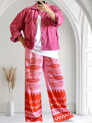 Hose – Rosa-Rot Fischprint & Blümchen, tragbar von Größe 36 bis 42/44 & 42/44 bis 46/48