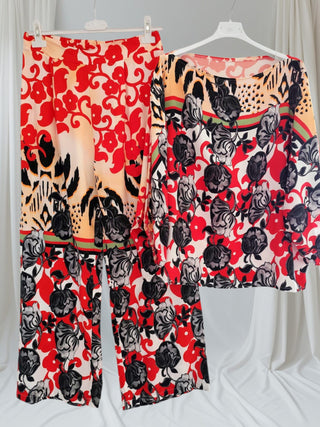 Zweiteiliges Set – Bluse & Hose geblümt in Rot 36-42